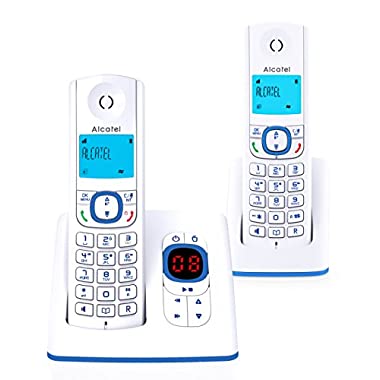 Alcatel F530 Voice Duo - Téléphone sans fil DECT aux coloris contemporains, Répondeur intégré, Mains libres, Ecran rétroéclairé, Sonneries VIP, 10 mélodies d'appel - Blanc/Bleu (PACK DUO)