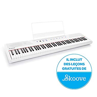 Alesis Recital White - Piano Numérique / Clavier de 88 Touches Semi-Lestées de Taille Authentique, Adaptateur Secteur, Enceintes Intégrées et 5 Voix Premium, pour Débutants - Couleur Blanche