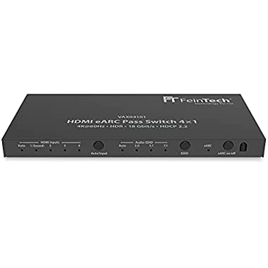 FeinTech VAX04101A eARC Pass Switch 4x1, pour 3 Sources HDMI, Soundbar et TV ou vidéoprojecteur 4K HDR Dolby Atmos Noir