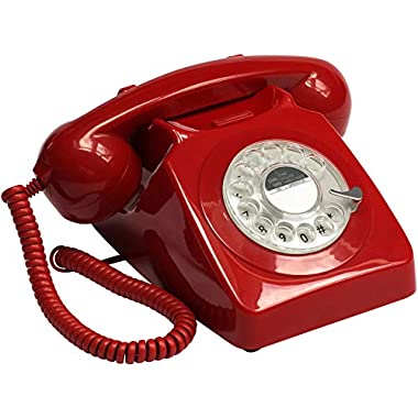 GPO 746 Téléphone fixe rétro de style années 1970 à cadran rotatif - Cordon extansible, sonnerie authentique - Rouge (Red)