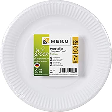 HEKU 30405-1 : 100 assiettes en carton, rondes, blanc, Ø 18 cm, 100 % fibres vierges sans revêtement.