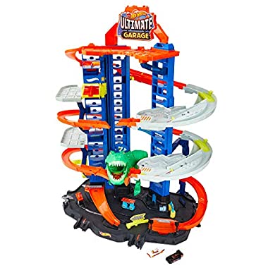 Hot Wheels City Super Dino Robot Garage avec T-Rex, pour contenir jusqu'à 100 petites voitures, plusieurs étages et modes de jeu, jouet pour enfant, GJL14