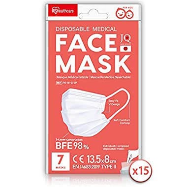 Iris Ohyama, 105 Masques Chirurgicaux (3 Plis BFE 98%, Easy Fit V-Design Type II, Usage Unique, Emballage Individuel, Elastique Anti-Irritation, Taille M - Protective Mask PK-W-Blanc)
