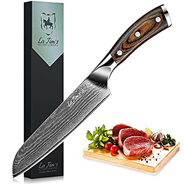 LA TIM'S Couteau de chef professionnel, couteaux de cuisine damas en acier inoxydable (Damas Couteau Santoku)