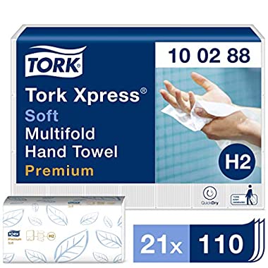 Tork Xpress Essuie-mains interfoliés doux - 100288 - Papiers d'essuyage pliés en M, qualité Premium pour Distributeur H2 - Haute absorption, 2 plis, blanc - 21 x 110 feuilles